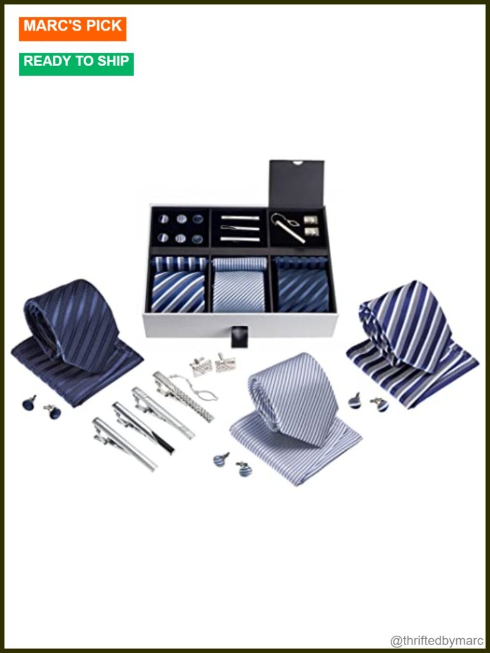 Silky Polyester Tie Set with Pocket Squares, Tie Clips, Cufflinks - 3 Ties